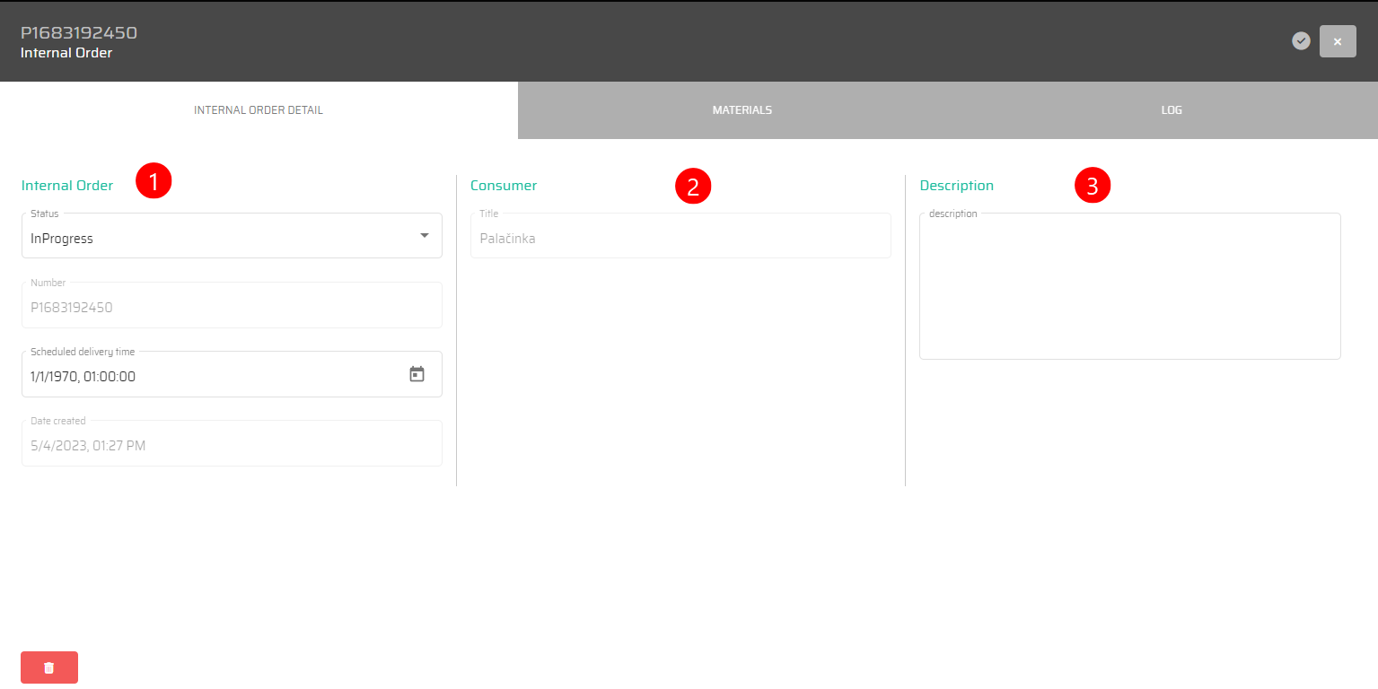 Internal Orders Dialog Internal orders dialog
